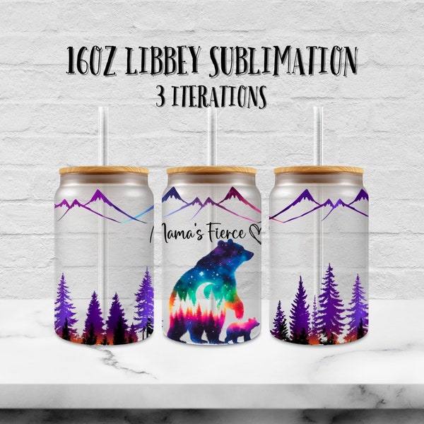 16oz Mother's Day Libbey Glass Wrap, Mama Bear Libbey PNG, Personalize Message Gift, Mother & Child Love Sublimation, Northern Lights Design