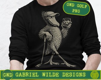 T-shirt de golf oiseau bec en demi-teinte PNG, téléchargement numérique whisky et sport, jeu de mots visuel pour oiseaux de golf, cadeau de fête des pères, cadeau d'observateur d'oiseaux