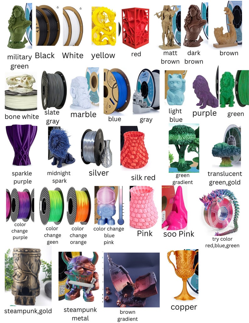 May include: A collection of 3D printed filament spools in various colors, including black, white, yellow, red, blue, gray, purple, green, silver, pink, and orange. The spools are arranged in a grid pattern with labels indicating the color and type of filament.