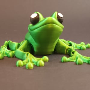 May include: A green 3D printed frog with articulated limbs and large black eyes with white pupils. The frog is sitting on a dark surface.
