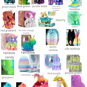 May include: Assortment of 3D printed filament spools in various colors, including green, black, red, pink, blue, purple, rainbow, and glow-in-the-dark. The filament is arranged in a grid pattern with a 3D printed object in each square. The objects include a dragon, a castle, a pineapple, a snail, a cake, and a unicorn.