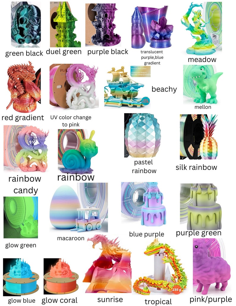 May include: Assortment of 3D printed filament spools in various colors, including green, black, red, pink, blue, purple, rainbow, and glow-in-the-dark. The filament is arranged in a grid pattern with a 3D printed object in each square. The objects include a dragon, a castle, a pineapple, a snail, a cake, and a unicorn.