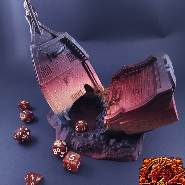 Sunken pirate ship dice tower boat dice roller tabletop game DnD pirate campaign fates end dungeons and dragons roll play gaming tower rpg