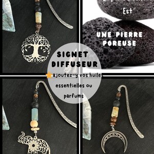 May include: Handmade bookmarks with decorative charms, including a tree of life, an elephant, and a crescent moon. The bookmarks have a silver finish and are decorated with beads. The image text reads "SIGNET DIFFUSEUR" and "ajoutez-y vos huiles essentielles ou parfums".
