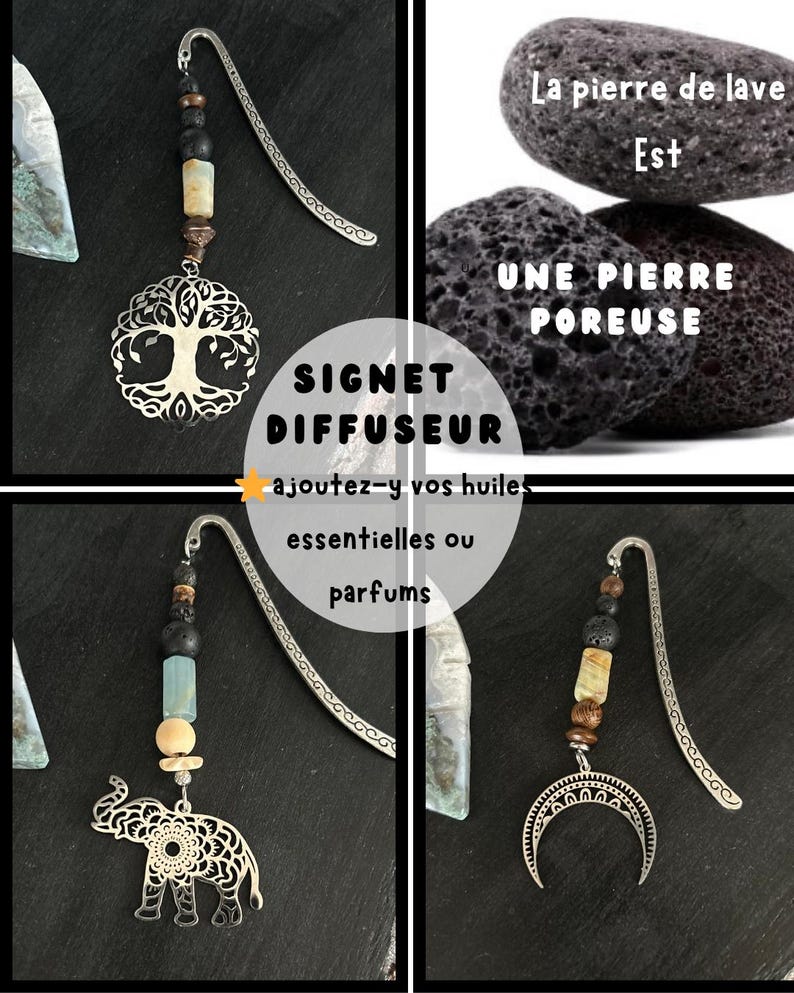 May include: Handmade bookmarks with decorative charms, including a tree of life, an elephant, and a crescent moon. The bookmarks have a silver finish and are decorated with beads. The image text reads "SIGNET DIFFUSEUR" and "ajoutez-y vos huiles essentielles ou parfums".