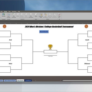 May include: A blank NCAA Men's Division I College Basketball Tournament bracket. The bracket is divided into four regions: East, West, South, and Midwest. The bracket is designed to be filled in with the names of the teams that will compete in the tournament.