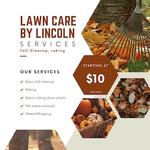 Fall Cleanup flyer, raking leaves, lawn care, lawn service flyer, teen job, landscaping flyer