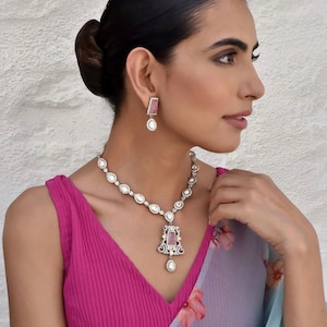 Tyaani Inspired Exquisite Uncut Polki American Diamond Necklace Set With Backside Foil