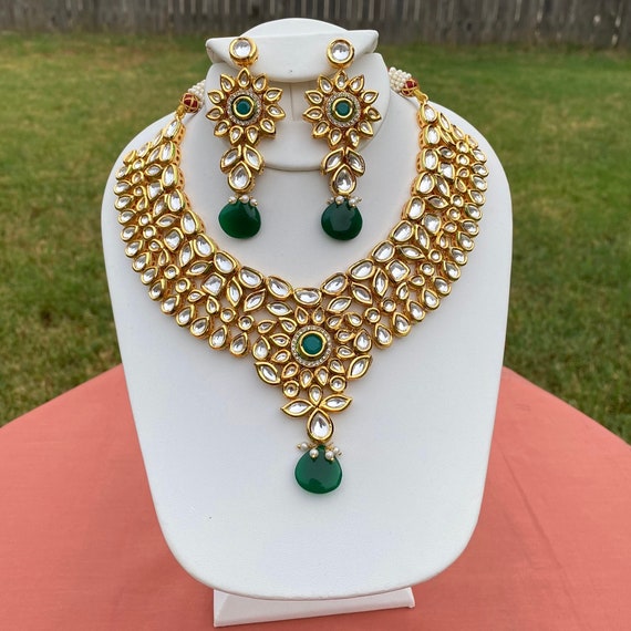 Uncut polki kundan bridal necklace set with backside meenakari work