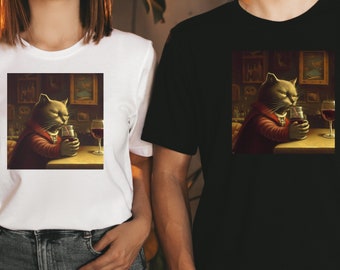 Surreal style art gray cat in bar t-shirt. Fun gift for cat and wine lover. Great gift for bartender, sommelier, or a winery tour.