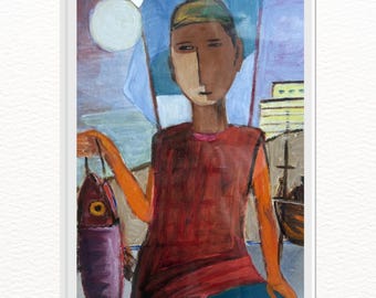 Pintura de pescador, arte original de uma avó sobrevivente do Holocausto, retrato emocionante em estilo vintage, decoração de parede exclusiva, download digital.