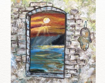 Fenster zum Licht - Jerusalem inspiriert als Kunstdruck, Hamsa & Chai Symbol, spirituelle Landschaft, Sonnenuntergang, digitaler Download