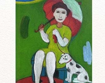 Mujer con paraguas y perro al estilo vintage – Obra de arte pintada a mano por una superviviente del Holocausto – Lámina de arte popular a color – Descarga digital