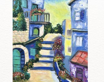 Greek Alleyway Painting Print | Mediterranean Village Wall Art | Santorini Style Digital Download