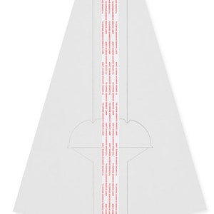 May include: A white, triangular-shaped, cardboard cake stand with a scalloped edge. The stand folds flat for storage. The stand has a red adhesive strip on the side with the text "TO EXPOSE ADHESIVE REVELIN" repeated multiple times.