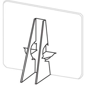 May include: A white cardboard easel stand with two legs and a cutout design. The stand is designed to hold a sign or picture.