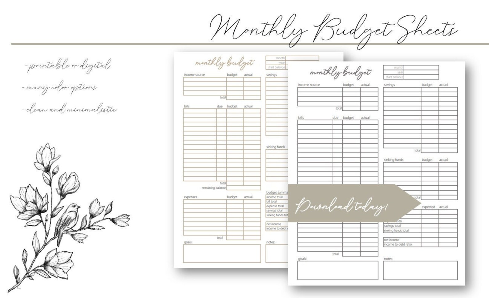 Monthly Budget Sheets Digital Printable Minimalist Etsy