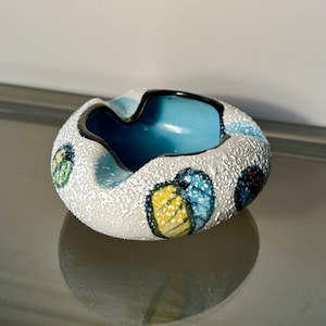 Mid Century Italian Textured Glazed Ceramic Bubble Ashtray with Colourful Leaf Detail
