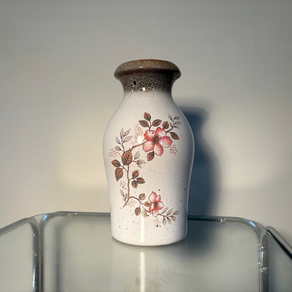 Mid Century Scheurich Keramik 208-21 Vase ouest-allemand peint à la main floral lave tacheté goutte à goutte blanc/brun émaillé