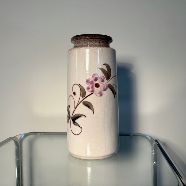 Mid-Century Scheurich Keramik 201-22 West German Hand Painted Floral Lava Speckle Drip White/Brown Glazed Vase