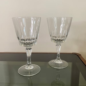 Vintage French Pair of Luminarc Arcoroc Cut Crystal Lancer Wine Glasses