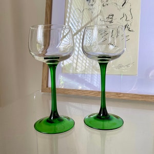 Mid Century Pair Vintage Green Stem Hock Wine Glasses by Luminarc