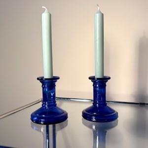 Vintage Pair of Cobalt Blue Recycled Glass Candlestick Holders