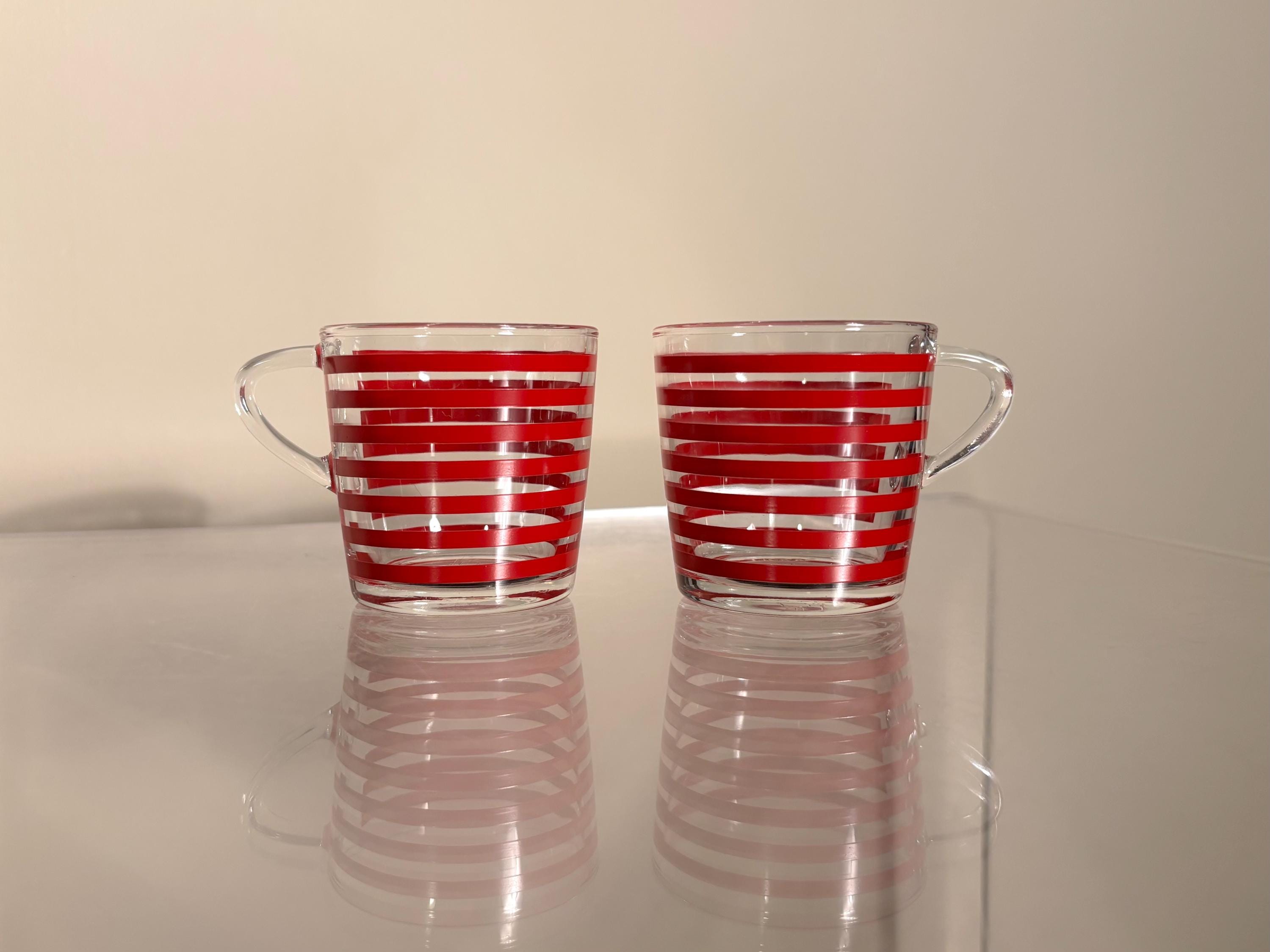 Vintage Paar IKEA GODTA Rot gestreifte Glas Espresso Tassen
