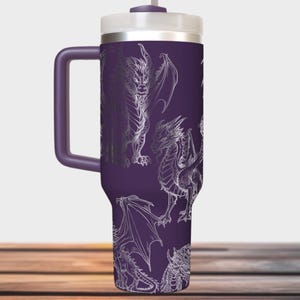 Fantasy Dragons Laser Engraved 40 oz Double Wall Insulated Tumbler with Handle Lid and Straw Custom Gift!