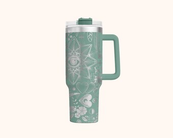 Boho Doodles Laser Engraved 40 oz Insulated Tumbler with Handle Lid and Straw Custom Gift