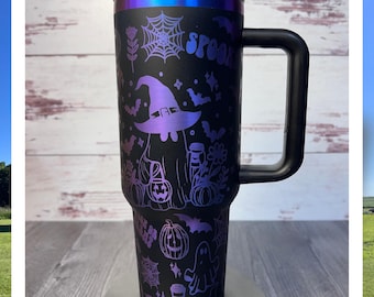 Halloween Cute Ghost Coffee Doodles READY TO SHIP Laser Engraved 40 oz Insulated Tumbler with Handle Lid and Straw Double Wall Insulated Cup