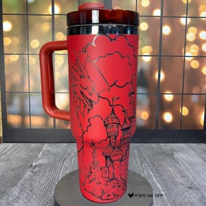 Fantasy Dragon and Castle Laser Engraved 40 oz Insulated Tumbler with Handle Lid and Straw Custom Gift 360 degree seamless design