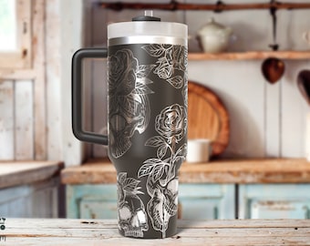 Skulls & Roses Design Laser Engraved 40 oz  Insulated Tumbler with Handle Lid and Straw Custom Gift