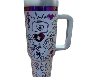 Nurse Healthcare 40 oz Laser Engraved Tumbler with Handle Lid Straw Laser Engraved Tumbler Double Wall Insulated Cup,