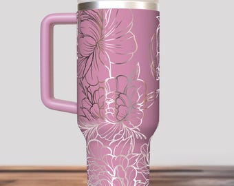 Peonies Laser Engraved 40 oz Insulated Tumbler with Handle Lid and Straw  Insulated Cup