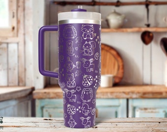 Kawaii Animals Japanese Animals Fox Raccoon Owl Laser Engraved 40 oz Insulated Tumbler with Handle Lid and Straw, Custom Gift