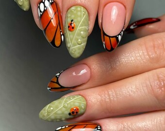Lady Bug and The Monarch - Leaf Droplets Monarch Butterfly Wing Handpainted & 3D Nail Art Press On Set