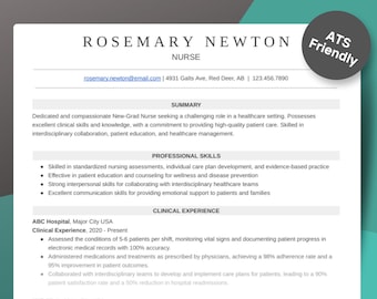 Nurse (New Graduate) Populated Professional Resume & Cover Letter Template ATS Friendly, Completed with Examples for a New Grad Nurse