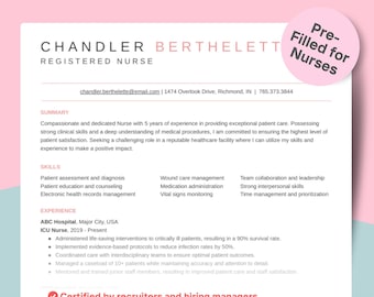 May include: A resume template for a registered nurse. The template is pre-filled with sample information and includes sections for skills, experience, and a summary. The template is designed to be easily customized for individual needs.