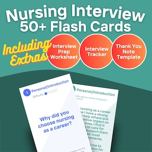 Puede incluir: Un conjunto de más de 50 tarjetas de memoria para entrevistas de enfermería, que incluye una hoja de trabajo de preparación para la entrevista, un seguimiento de las entrevistas y una plantilla de nota de agradecimiento. Las tarjetas presentan una calificación de dificultad y una pregunta sobre por qué alguien eligió la enfermería como carrera.