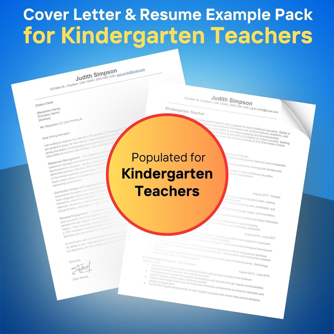 Kindergarten Teacher Cover Letter and Resume Pack Expertly Etsy