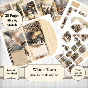 Winter Town Junk Journal Folio Kit 28 Pages Junk Journal Printable Folio DIY Folder Junk Journal Kit Ephemera Snowy Bridge Snowman Junk page