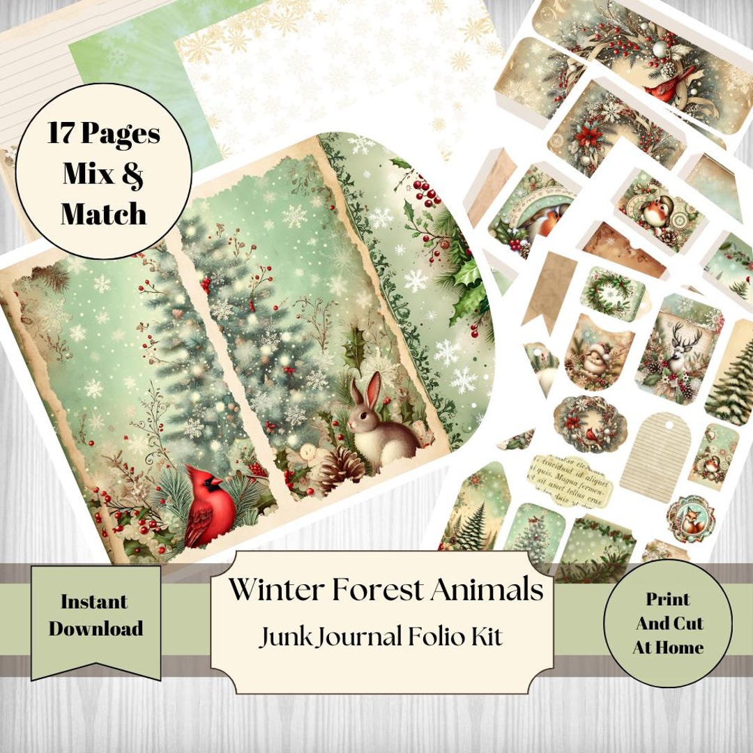 Winter Forest Animals Junk Journal Folio Kit 17 Pages Junk Journal ...