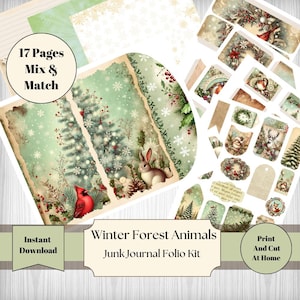Kit diario di scarto con animali della foresta invernale, 17 pagine, cartella fai da te, kit diario di scarto, effimero, cardinale, fiocchi di neve