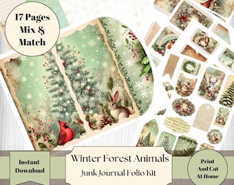 Vinterskogsdjur Junk Journal Folio Kit 17 sidor Junk Journal Utskrivbar Folio DIY-mapp Junk Journal Kit Ephemera Kardinal Snöflingor