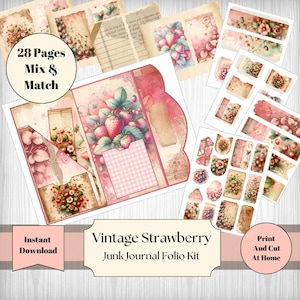 Kit de folio para diario basura de fresa vintage, 28 páginas, carpeta imprimible para diario basura, kit para diario basura, efímeras, sobres shabby chic