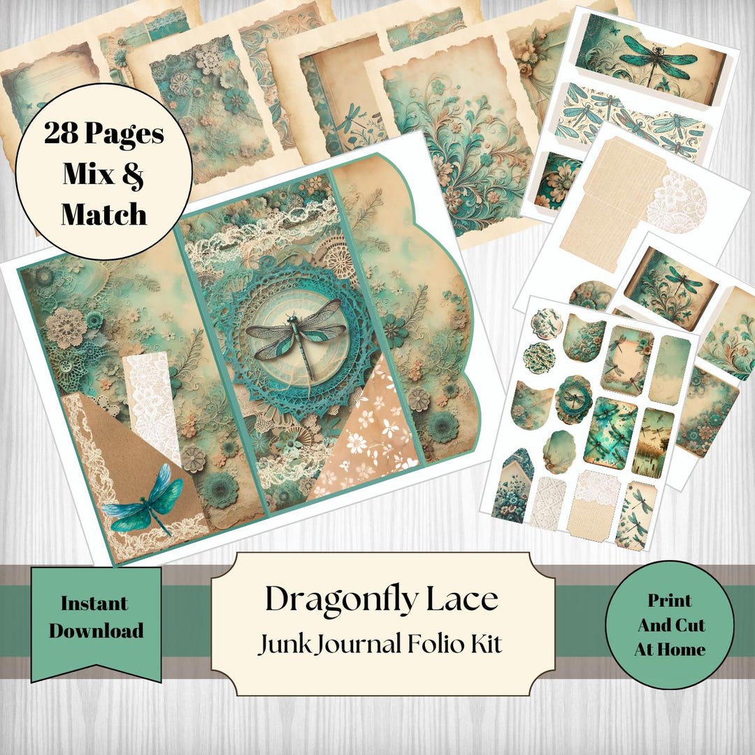Dragonfly Lace Junk Journal Folio Kit 28 Pages Junk Journal Printable ...
