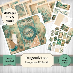 Kit de folio para diario basura con encaje de libélula, 28 páginas, para imprimir, para manualidades, carpeta verde azulado, kit para diario basura, efímera, estilo shabby chic