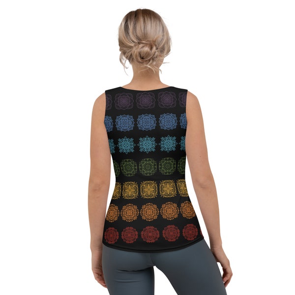 7 Chakra Patterned Black Tank Top. Form fitting tank. Meditation and yoga wear