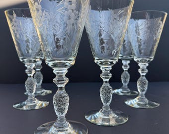 Vintage Floral Etched Wine Glasses, Pineapple Stemware Set (Set of 6)